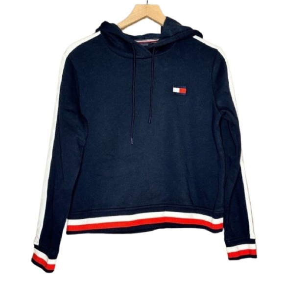 Women's S Tommy Hilfiger Pullover Hooded Sweatshirt Navy White Red Logo Cropped - Picture 1 of 6
